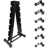 DKN 2kg to 10kg Rubber Hex Dumbbell Set with Storage Rack - 6 Pairs