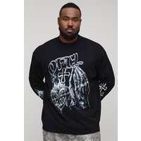 Plus Oversized Extended Neck Gothic Print Long Sleeve T-Shirt, Negro
