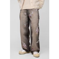Vaqueros Holgados Sin Tratar Con Bordado De Flores, Brown