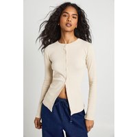 Rib Button Through Long Sleeve Top, Beige