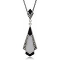 Art Deco Style Cabochon Black Onyx, Mother of Pearl & Marcasite Pendant in 925 Sterling Silver