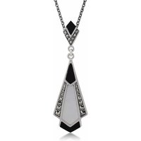 Art Deco Style Cabochon Black Onyx, Mother of Pearl & Marcasite Pendant in 925 Sterling Silver