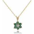 Floral Round Emerald & Diamond Cluster Pendant in 9ct Yellow Gold