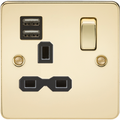 KnightsBridge Flat plate 13A 1G switched socket with dual USB charger (2.4A) - polished brass with black insert