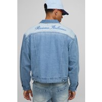 Boxy Fit Ice Blue Washed Embroidered Denim Jacket, Azul