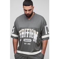 Camiseta Plus De Malla Universitaria Con Escote De Pico, Gris