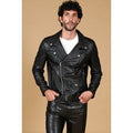 Black belted lamb leather biker jacket smooth effect