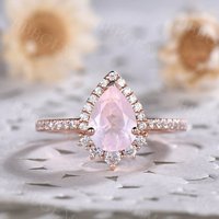 1.25 Carat  Unique Natural Rose Quartz Engagement Ring Pear Cut Diamond Band