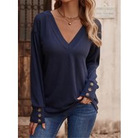 VVZ V Neck Tunic Tops with Button Womenswear Blouse