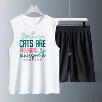 Men's vest suit Summer sleeveless printed Because Cats Are Freaking Awesome tank Tops + shorts drip clothes tracksuits for man