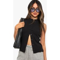 Ribbed Button Front Longline Sleeveless Top, Negro