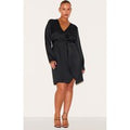 Plus Black Satin Long Sleeve Wrap Dress