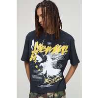 Black Oversized Boxy Washed Homme Eagle Graphic T-Shirt, Negro