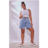 Plus Light Blue Wash Distressed Longline Denim Shorts