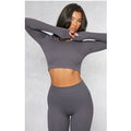 Charcoal Structured Contour Ribbed Round Neck Long Sleeve Crop Top, Charcoal Grey