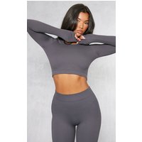 Charcoal Structured Contour Ribbed Round Neck Long Sleeve Crop Top, Charcoal Grey