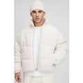 Boxy Fit Borg Nylon Mix Funnel Neck Puffer Jacket, Cream
