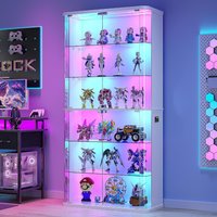 71" Tall Display Cabinet with Glass Doors, Rounded Curio Cabinet with Motion Sensor RGB Lights, 6-Tier Lockable, Customized