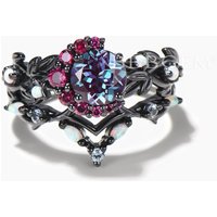 Round Cut Color-change Alexandrite Ruby Moon Ring Opal Celetial Bridal Set