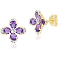Floral Amethyst & Diamond Stud Earrings in 9ct Yellow Gold
