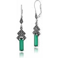 Art Deco Style Rectangle Green Chalcedony & Marcasite Drop Earrings in Silver
