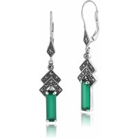 Art Deco Style Rectangle Green Chalcedony & Marcasite Drop Earrings in Silver