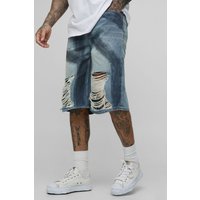 Tall Relaxed Fit Paint Brushed Distressed Jorts, Azul