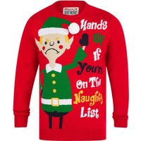 Jumpers Men’s Hands Up Motif Novelty Knitted Christmas Jumper in George Red - Merry Christmas / S - Tokyo Laundry