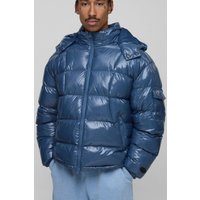 Regular Fit High Shine Quilted Hooded Puffer Jacket, Azul