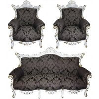 Casa Padrino Barock Wohnzimmer Set Schwarz Muster / Weiss/Gold - 3-er Sofa + 2 Sessel