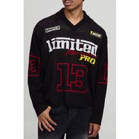 Oversized Football Moto Jacquard Knitted Long Sleeve T-Shirt, Negro