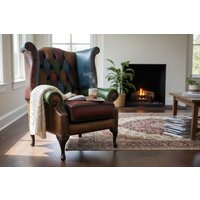 Chesterfield Patchwork Queen Anne Wing Chair Antique Real Leather