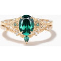 1.5CT Oval Cut Emerald Leaf Ring Diamond Flower Nature Inspired Bridal Set