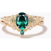 1.5CT Oval Cut Emerald Leaf Ring Diamond Flower Nature Inspired Bridal Set
