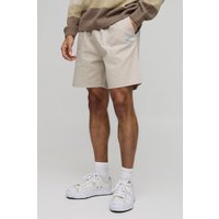 Pantalón Corto Holgado De Lona Con Etiqueta De Tela Y Cintura Elástica, Beige