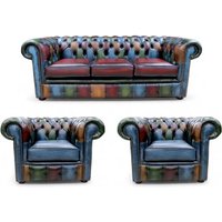 Chesterfield Patchwork Antique 3 Seater + 2 x Club Chairs Leather Sofa Suite Offer