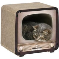 2-in-1 Corrugated Cardboard Cat House & Scratcher with Catnip - Vintage TV Style, Space-Saving, For Small Cats (Brown) | Wowcher