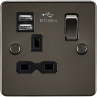 KnightsBridge Flat plate 13A 1G switched socket with dual USB charger (2.4A) - gunmetal with black insert