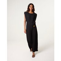 Pleated Shoulder Pad Jumpsuit - ONE / BLACK