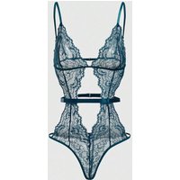 Teal Floral Lace Hollow-Out Bodysuit with Adjustable Straps and Waist Band