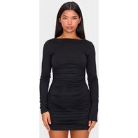 Black Double Contour Ruched Detail Long Sleeve Bodycon Dress