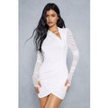Womens Mesh Ruched Wrap Long Sleeve Dress - ivory - 10, Ivory