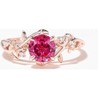 Round Cut Ruby Flower Engagement Ring Diamond Leaf Nature Inspired Ring