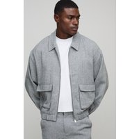 Oversized Boxy Herringbone Harrington, Gris