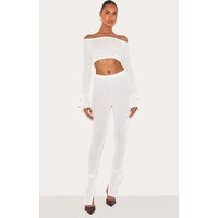 Cream Sheer Soft Rib Split Hem Tie Detail Leggings