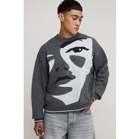 Oversized Boxy Face Jacquard Knitted Jumper, Gris