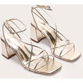 Gold PU Round Toe Strappy Mid Block Heel Sandals