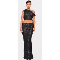 Black Sequin Textured Mid Rise Maxi Skirt