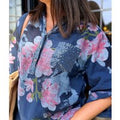 Navy Floral Sequin Pocket Roll Sleeve Top