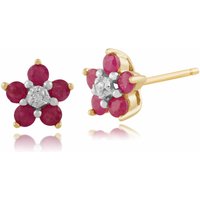 Floral Five Round Ruby & Diamond Cluster Stud Earrings in 9ct Yellow Gold